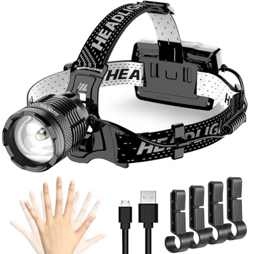 Stirnlampe LED Wiederaufladbar, 15000 Lumens Superhell Kopflampe mit 3 Lichtmodi 90° Einstellbarer, Intelligenter Sensor Kopflampe, IP68 Wasserdicht Leicht Stirnleuchte für Joggen, Campen, Angeln usw von Garberiel