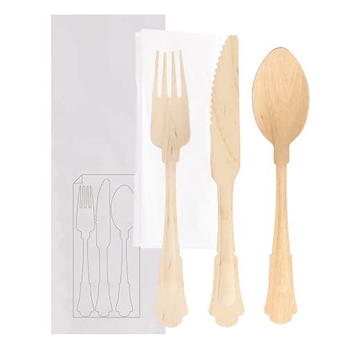 100 Stück - Set Gabel, Messer, Löffel + Serviette Enf. 'Classic' 20 cm Naturholz von García de Pou