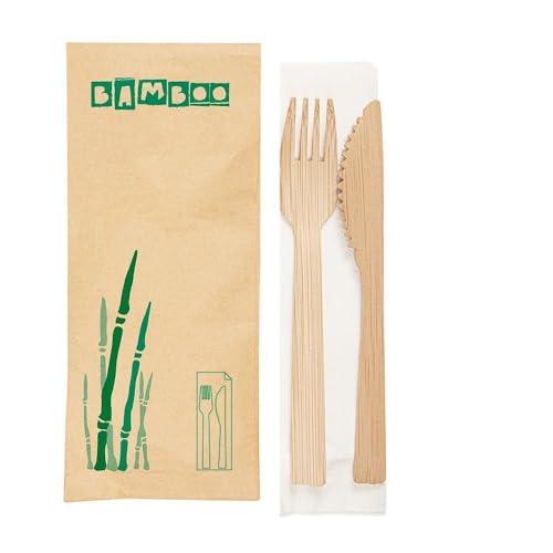 50 Stück – Set Gabel, Messer + Serviette, 17 cm, natürlicher Bambus von Garcia de Pou