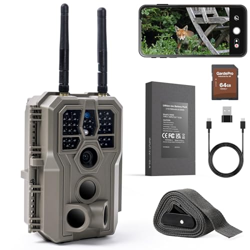 GardePro E8 2.0 Pro Wildkamera Doppelantenne WLAN mit 64GB SD Karte, 64MP H.264 4K Video Wiederaufladbare 7800mAh Akku, Mobilfunkübertragung, 30m Nachtsicht Bewegungsmelder 0,1s Trigge, IP66 von GardePro