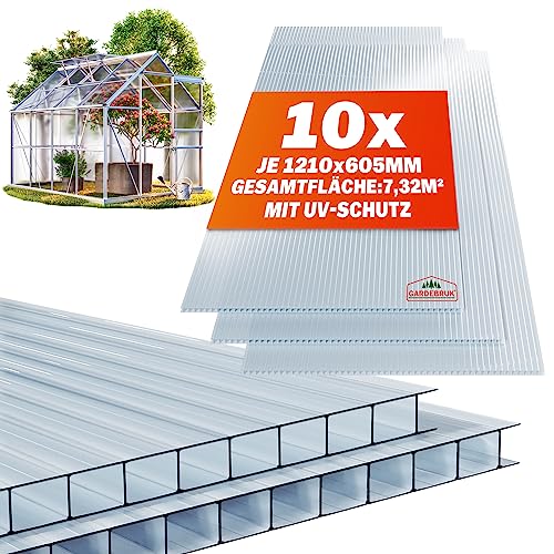 GARDEBRUK® 10x Doppelstegplatten 6mm Zuschneidbar 121x60,5cm Polycarbonat 7,3m² UV-beständig Klar Hohlkammerplatten Gewächshaus Platten Stegplatten von Gardebruk