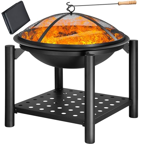 Gardebruk® Feuersschale mit Funkenschutz Abdeckung Schürhaken Rund Ø 55cm Holz Ablage Stahl Schwarz Feuerstelle Feuerkorb Garten Terrasse Kamin Grill von Gardebruk