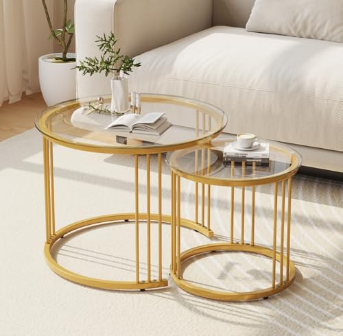 Garden 4 you Nesting Couchtisch, 59,9 cm, runder Couchtisch, 2er-Set, Glas-Nisttisch mit Metallrahmen, Ceter-Tische für Wohnzimmer, Schlafzimmer, Balkon, Gold von Garden 4 you