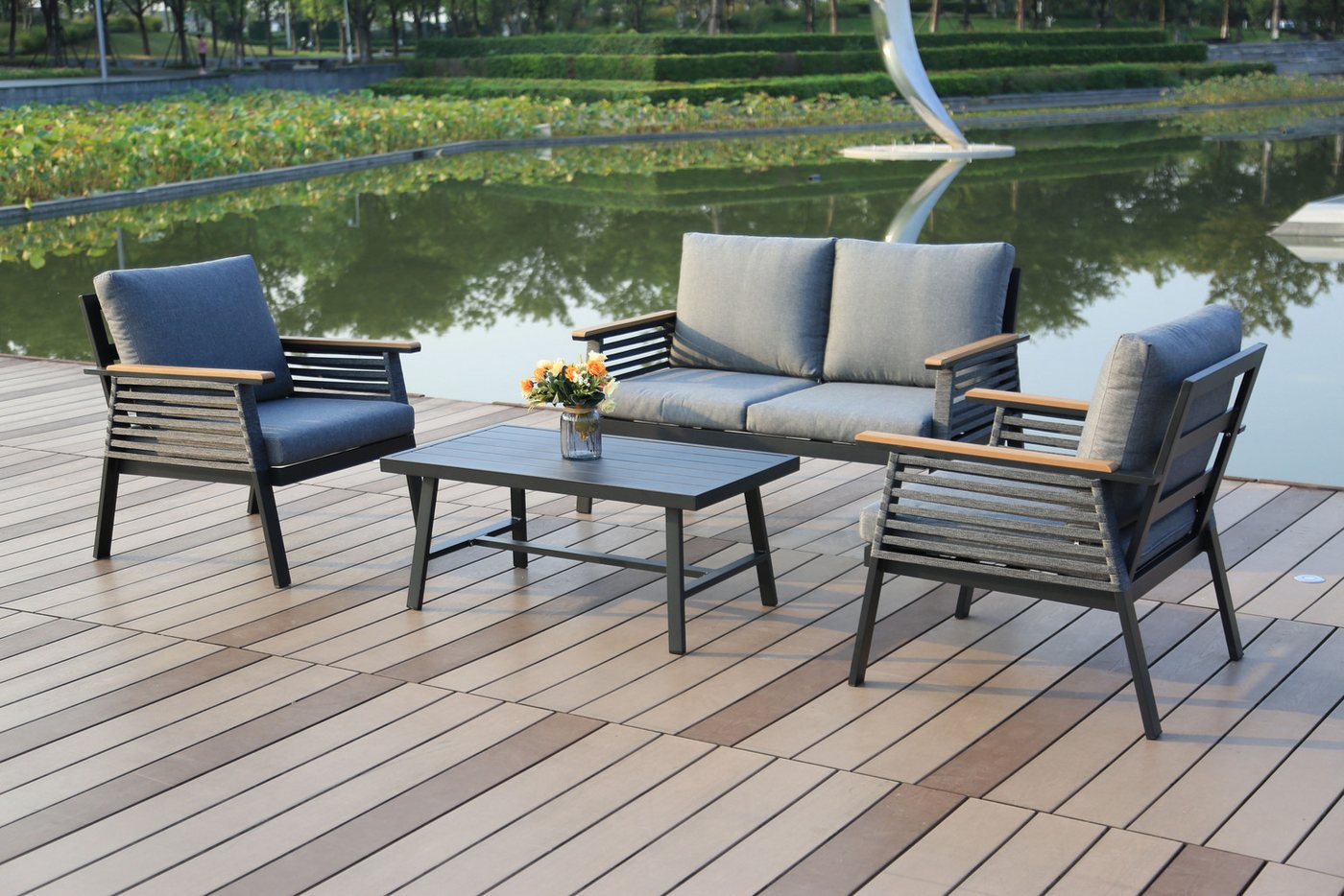 Garden Pleasure Gartenlounge-Set, Lounge-Gruppe »DENIA«, 2 Sessel, 1 Sofa, Tisch LxB: 55,5x100 cm, inkl grauen Kissen von Garden Pleasure