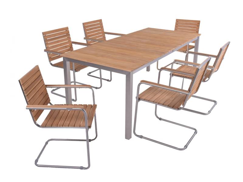 Garden Pleasure Gartenmöbel Set DALLAS / DENVER 06, Tisch 200 x 90 + 6 Schwingstühle, Edelstahl / Teak von Garden Pleasure
