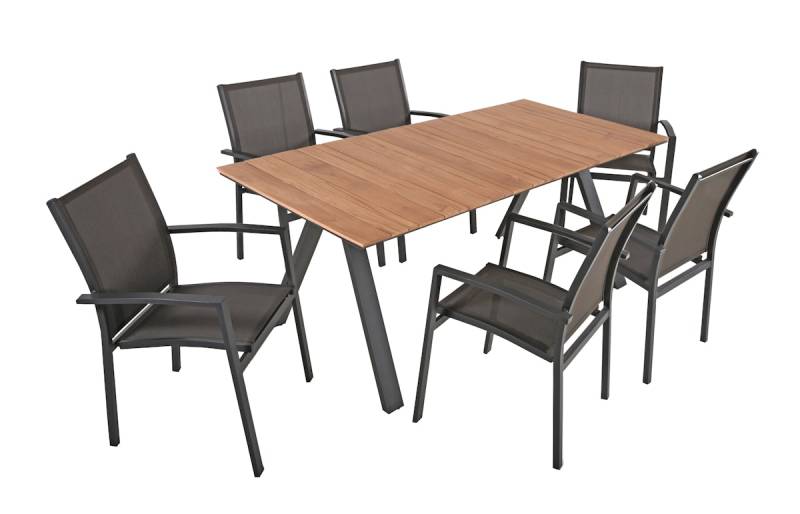 Garden Pleasure Gartenmöbel Set DAVINA / ELENA 06, Tisch 180 x 90 +  6 Stapelsessel, Aluminium / Teak / Kunststoffgewebe von Garden Pleasure