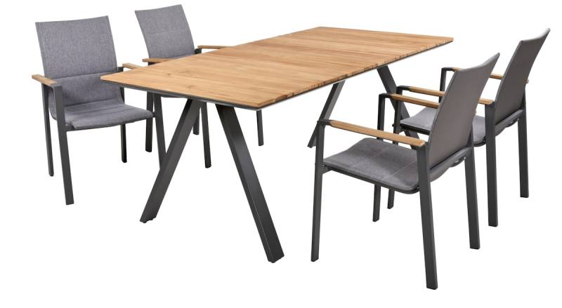 Garden Pleasure Gartenmöbel Set DAVINA 01, Tisch 180 x 90 +  4 Stapelsessel, Aluminium / Teak / Kunststoffgewebe von Garden Pleasure