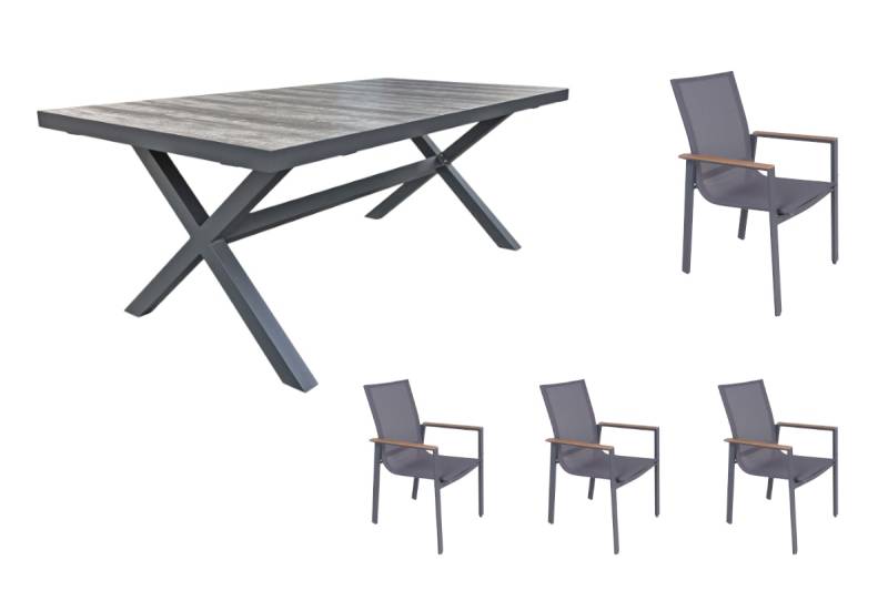 Garden Pleasure Gartenmöbel Set RANA / SILEA 01, Tisch 202 x 100 cm + 4 Stapelsessel, Aluminium / Keramik / Kunststoffgewebe von Garden Pleasure