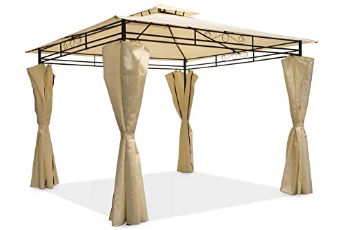 Garden Point Garten-Pavillon Ibiza | 300 x 300 cm | Rechteckig | Wasserabweisend | Ideal für Garten | Einfache Montage | Vorhänge im Set | Cremig von Garden Point