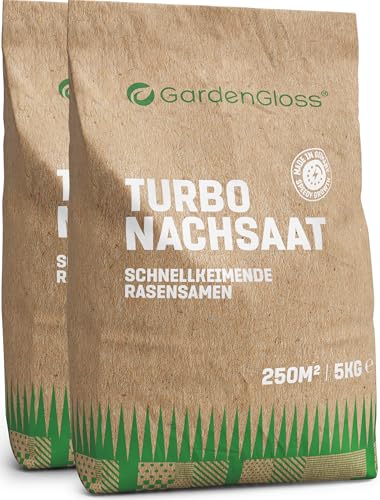 GardenGloss Rasensamen Schnellkeimend Sommer 10kg - Made in Germany - 500m2 Fläche Rasen - Grassamen Turbo Nachsaat und Neuanlage - Rasennachsaat von GardenGloss