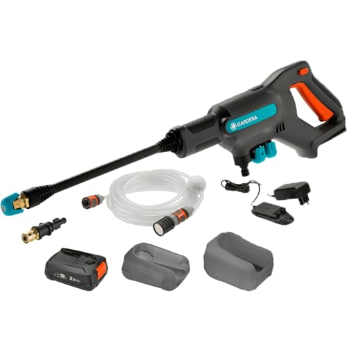 Gardena Akku-Mitteldruckreiniger AquaClean 24/18V P4A Ready-To-Use Set: Akku-Reiniger für den Außenbereich, 3 Reinigungsstufen, max. Druck 24 bar, inkl. Akku + Ladegerät (14800-20) von Gardena