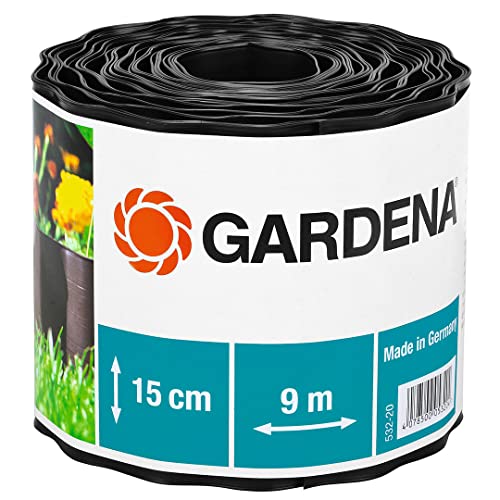 Gardena Raseneinfassung 15 cm hoch: Ideale Rasen-Abgrenzung, auch für Beete, 9 m, verhindert Wurzelausbreitung, Kunststoff, braun (532-20) von Gardena