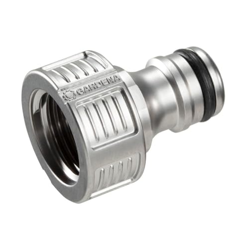 Gardena Premium Hahnverbinder 21 mm (G 1/2")- Adapter für Wasserhähne, wertiges Metall, spritzfreier Wasserfluss, frostsicher, verpackt (18240-20.953.03), Silber von Gardena