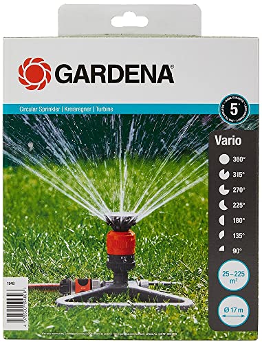 Gardena Comfort Kreisregner Vario: Sprühregner für gleichmäßige Beregnung, für Flächen bis 225m², Wurfweite 8,5 m, 7-stufige Sektoreneinstellung von 90° - 360 °, stabiler Kunststoffschlitten (1948-20) von Gardena