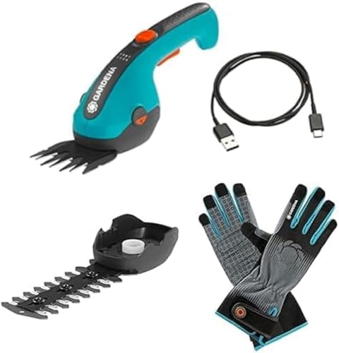 Gardena Akku-Grasschere ClassicCut Li: Rasenkantenschere mit 8 cm Schnittbreite(9884-20) + Strauchmesser 12 cm+ Gardena Strauchpflegehandschuh Größe 9/L(11531-20) L (1er Pack) von Gardena