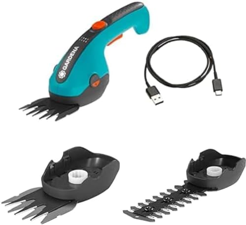 Gardena Akku-Grasschere ClassicCut Li: Rasenkantenschere mit 8 cm Schnittbreite, Komforthandgriff mit LED-Ladezustandsanzeige(9884-20) + Gras- und Buchsmesser+ Strauchmesser 12 cm von Gardena