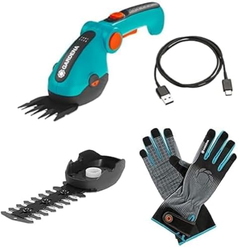 Gardena Akku-Grasschere ComfortCut Li: Rasenkantenschere mit 8 cm Schnittbreite(9887-20) + Strauchmesser 12 cm + Gardena Strauchpflegehandschuh Größe 8/M(11530-20) von Gardena
