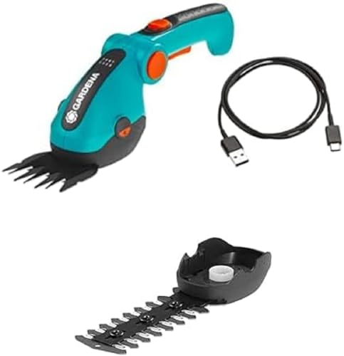 Gardena Akku-Grasschere ComfortCut Li: Rasenkantenschere mit 8 cm Schnittbreite, abwinkelbarer Komforthandgriff mit LED-Anzeige, Messerwechsel ohne Werkzeug (9887-20) + Strauchmesser 12 cm von Gardena