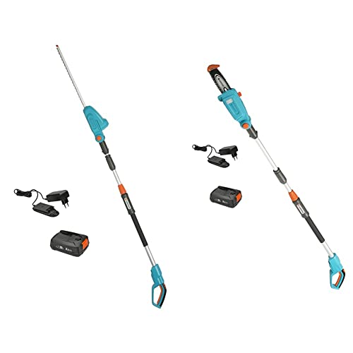 Gardena Akku-Teleskop-Heckenschere THS 42/18V P4A Ready-to-Use Set: Heckenschneider bis zu 3 m Reichweite(14732-20) & Akku-Teleskop-Hochentaster TCS 20/18V P4A Ready-to-Use Set (14770-20) von Gardena