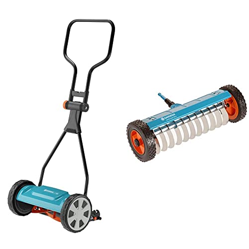 Gardena Classic Spindelmäher 330: Handrasenmäher mit 33cm Arbeitsbreite für bis zu 150 m²(4027-20) & combisystem-Vertikutier-Boy: Hand-Vertikutierer zur Beseitigung von Moos, 32 cm (3395-20) von Gardena