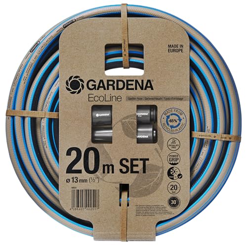 Gardena EcoLine Schlauch 1/2 Zoll, 20m mit Systemteilen: Nachhaltiger Gartenschlauch aus recyceltem Plastik, Phthalat- und schadstoffrei, Power-Grip-Funktion, frostsicher und UV-beständig (18931-20) von Gardena