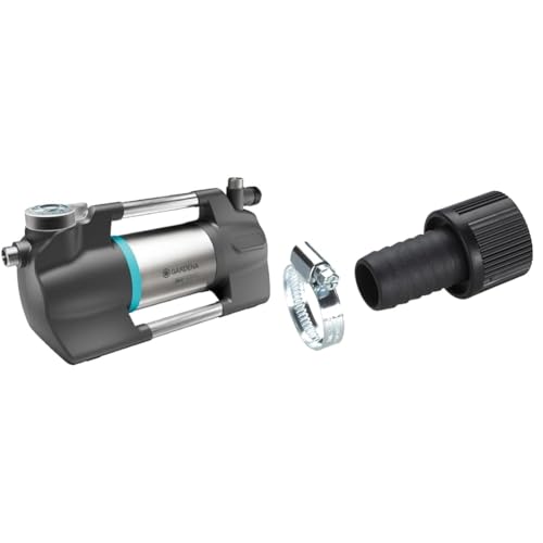 Gardena Gartenpumpe 5600 Silent+ & Saugschlauch-Anschlussstück 25 mm (1 Zoll): Pumpen-Anschlussstück mit Schlauchklemme zum vakuumfesten Anschluss an den Saugschlauch (1724-20) von Gardena