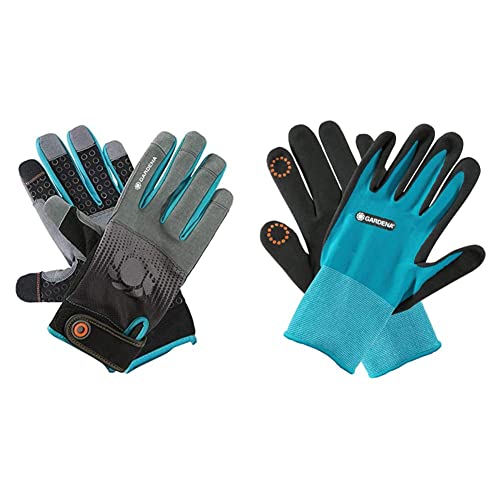 Gardena Gerätehandschuh Größe 9/L: Handschuhe für alle Arbeiten mit Geräten, optimaler Grip, stoßdämpfende Pads(11521-20), türkis;schwarz;grau;orange & Pflanz- und Bodenhandschuh 7/S (11510-20) von Gardena