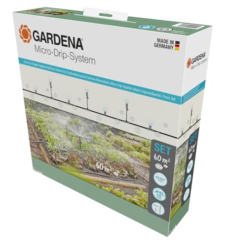 Gardena Micro-Drip-System Tropfbewässerung Set Gemüse-/Blumenbeet (60 m²): Starter-Set sofort einsatzbereit, wassersparendes Bewässerungssystem, einfache & flexible Verbindungstechnik (13450-20) von Gardena