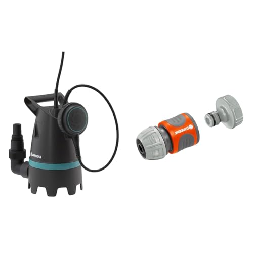 Gardena Schmutzwasser-Tauchpumpe 9200 Basic & Pumpen-Anschlusssatz: Schlauchkupplung zum schnellen Anschluss von 13 mm (1/2 Zoll)-Schläuchen an Pumpen mit 33,3 mm (G 1 Zoll)-Außengewinde (1750-20) von Gardena