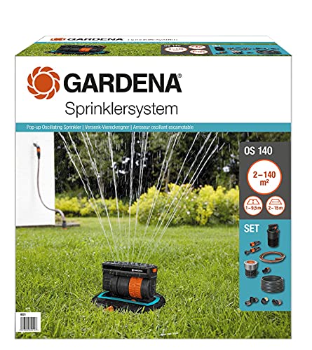 Gardena Sprinklersystem Komplett-Set mit Versenk-Viereckregner OS 140: Bewässerungssystem für quadratische und rechteckige Flächen bis max 140 m², ebenerdig montiert (8221-20) Standard von Gardena