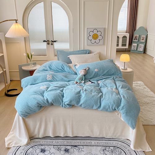 Gardeneea Flauschiges Bettbezug-Set mit Cartoon-Motiv, Flanell-Plüsch-Bettwäsche-Set, 4-teilig, zotteliger Bettbezug, ultraweich, warm, flauschig, Grau, Doppelbett (blau, Doppelbett) von Gardeneea