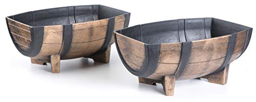 Gardenised QI003695 Rustikaler Blumentopf aus Kunststoff in Holzoptik, halbes Fass, Pflanzgefäß, Garten-Pflanzgefäß, Packung von Gardenised