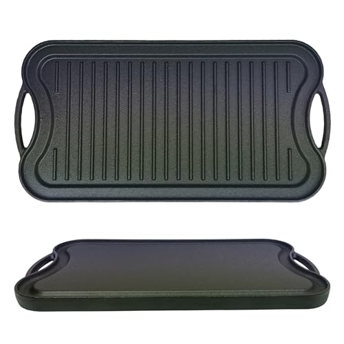 Gardenko Gusseisen-Grillplatte, 51 x 26 cm, massive Wendeplatte für Gas-/Kohle-/Elektrogrill & Backofen, beidseitig verwendbar (glatt & geriffelt), Gusspfanne für Steaks, Burger, Gemüse, Fisch von Gardenko