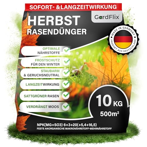 Gardflix Herbstdünger Rasen Langzeitwirkung | Rasendünger Herbst verdrängt Moos | Frostschutz & Winterfester Rasen | Staubarmer Granulat für Streuwagen | Sicher für Kind & Tier (10kg Sack für 500m²) von Gardflix