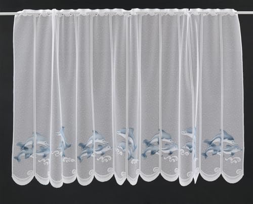 Gardinen Kranzusch Scheibengardine Delfin 90x110 cm H/B weiß grau-blau Bistrogardine Vorhang Küche 1er Pack von Gardinen Kranzusch