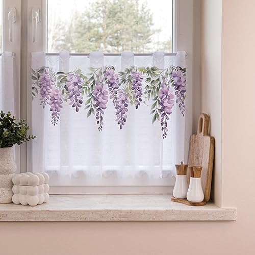 Gardinen Vorhangen Bunt Voile 100x70 cm (BxH) Glicynia Schöne Gardine mit Blumenmuster für Kinderzimmer und Wohnräume Lange Kurze von Gardinen Vorhangen