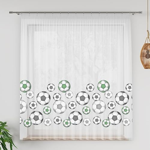 Gardinen Vorhangen Weiß/Grün Voile 300x155 cm (BxH) Wembley Kinder Gardine Mit Bunten Fußbällen Fröhliches Design von Gardinen Vorhangen