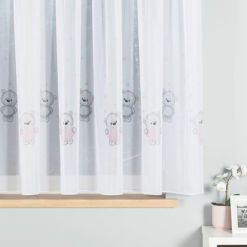 Gardinen Vorhangen Weiß/Pink Voile 300x155 cm (BxH) Teddy Kinder Gardine Aus Voile Mit Rosa Herzen Und Bärchen Auf Kräuselband 1:2 Süßes Design Kinderzimmer von Gardinen Vorhangen