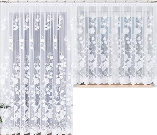 Gardinen Vorhangen Weiß 200x250 + 400x160 cm (BxH) Venedig Lang Kurz Jacquard Gardinen mit Kräuselband Scheibengardine Wohnzimmer Vorhänge Fenstergardinen Fertig zum Aufhängen Gardinenschals von Gardinen Vorhangen