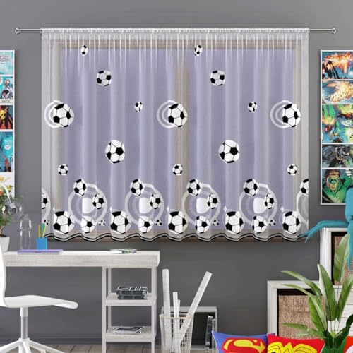 Gardinen Vorhangen Weiß 300x160 cm (BxH) Barcelona Fußball Motiv Jacquard Kinder Gardinen mit Kräuselband Kurz Kinderzimmer Junge Scheibengardine Wohnzimmer Vorhänge Fertiggardine von Gardinen Vorhangen