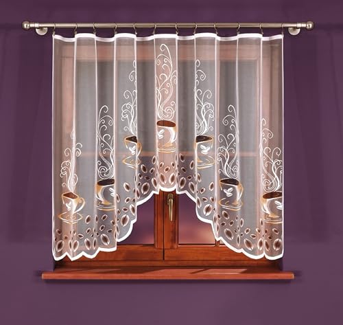 Gardinen Vorhangen Weiß 300x160 cm (BxH) Kaffee Motiv Stores Küchengardinen Gardinen Kurz Jacquard Scheibengardine Vorhänge Fertiggardine Bogen Kurzstores Bistrogardine von Gardinen Vorhangen