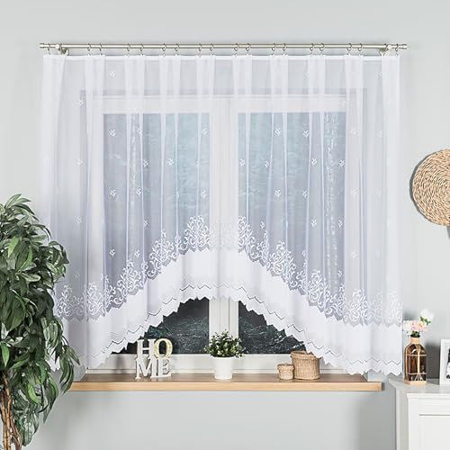 Gardinen Vorhangen Weiß 350x120 cm (BxH) Totensa Stores Gardinen Kurz Jacquard Scheibengardine Vorhänge Fertiggardine Transparent Gardinenschals Fenstergardinen Bogen von Gardinen Vorhangen