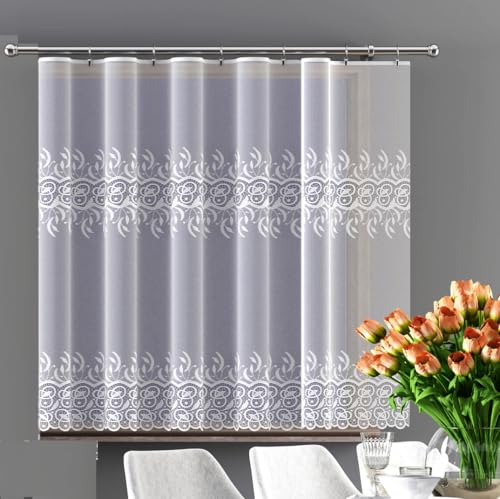 Gardinen Vorhangen Weiß 400x150 cm (BxH) Rossel Kurz Jacquard Gardinen mit Kräuselband Wohnzimmer Schlafzimmer Transparent Gardinenschals Scheibengardine Fenstergardinen von Gardinen Vorhangen