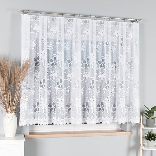 Gardinen Vorhangen Weiß 400x180 cm (BxH) Atorno Kurz Jacquard Gardinen mit Kräuselband Scheibengardine Wohnzimmer Florales Motiv Küchengardinen Stores Gardinenschals Kurzstores von Gardinen Vorhangen
