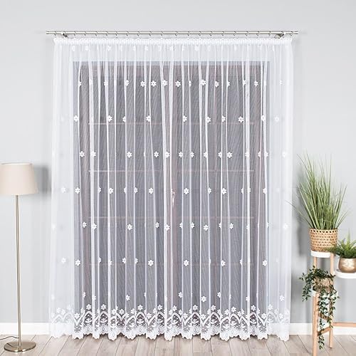 Gardinen Vorhangen Weiß 600x250 cm (BxH) Alloro Lang Vorhänge mit Kräuselband Jacquard Küchengardinen Scheibengardine Wohnzimmer Gardinenschals Schlafzimmer Blumen von Gardinen Vorhangen