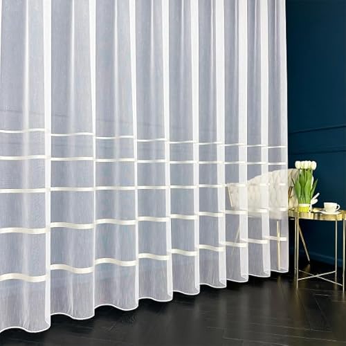 Gardinen Vorhangen Weiß 800x250 cm (BxH) Carlinda Lang Jacquard Gardinen mit Kräuselband Goldstreifen und Bleiband Wohnzimmer Schlafzimmer Transparent Gardinenschals von Gardinen Vorhangen