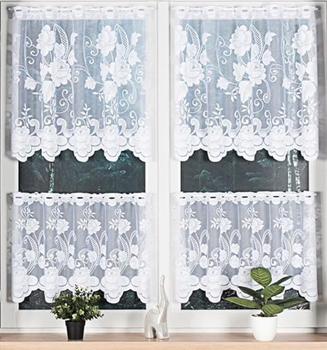 Gardinen Vorhangen Weiß Jacquard 200x90 cm (BxH) Wenecja Scheibengardinen mit Elegantem Blumenmuster Pflegeleicht und Einfach Zu Hängen Küche und Wohnzimmer von Gardinen Vorhangen