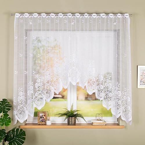 Gardinen Vorhangen Weiß Jacquard 250x140 cm (BxH) Rimasti Gardine Kurz Mit Bogen Modern Mit Schlaufen Für Wohnzimmer Oder Küche Blumen Muster von Gardinen Vorhangen