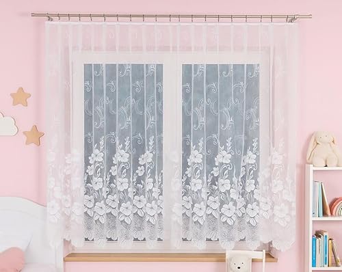 Gardinen Vorhangen Weiß Jacquard 250x150 cm (BxH) Belinda Fertige Gardine Aus Markizette Mit Kräuselband Und Saumfertigen Seiten Kurze Lange Blumen Muster von Gardinen Vorhangen