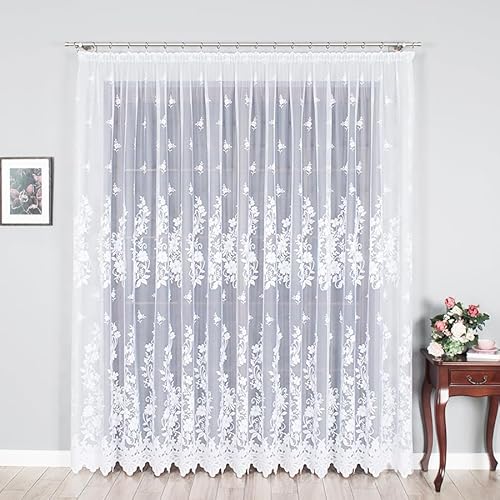 Gardinen Vorhangen Weiß Jacquard 300x150 cm (BxH) Danuta mit Kräuselband Wohnzimmer Küche Schlafzimmer Schiebevorhänge Blumen Muster Eleganten Design von Gardinen Vorhangen